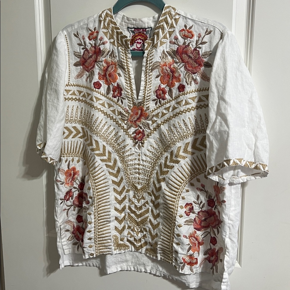 Johnny Was Rianne top medium white floral linen embossed - Picture 3 of 9